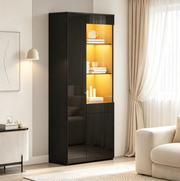 Vetrina alta 70x35x180 cm in truciolare nero con LED; 2 ante; cassetto e vetro temperato