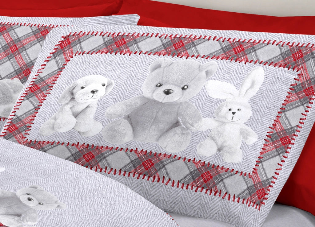 Completo Lenzuola Linea Pensieri Delicati 100% Cotone Disegno Peluche - Piazza E Mezza - Grigio