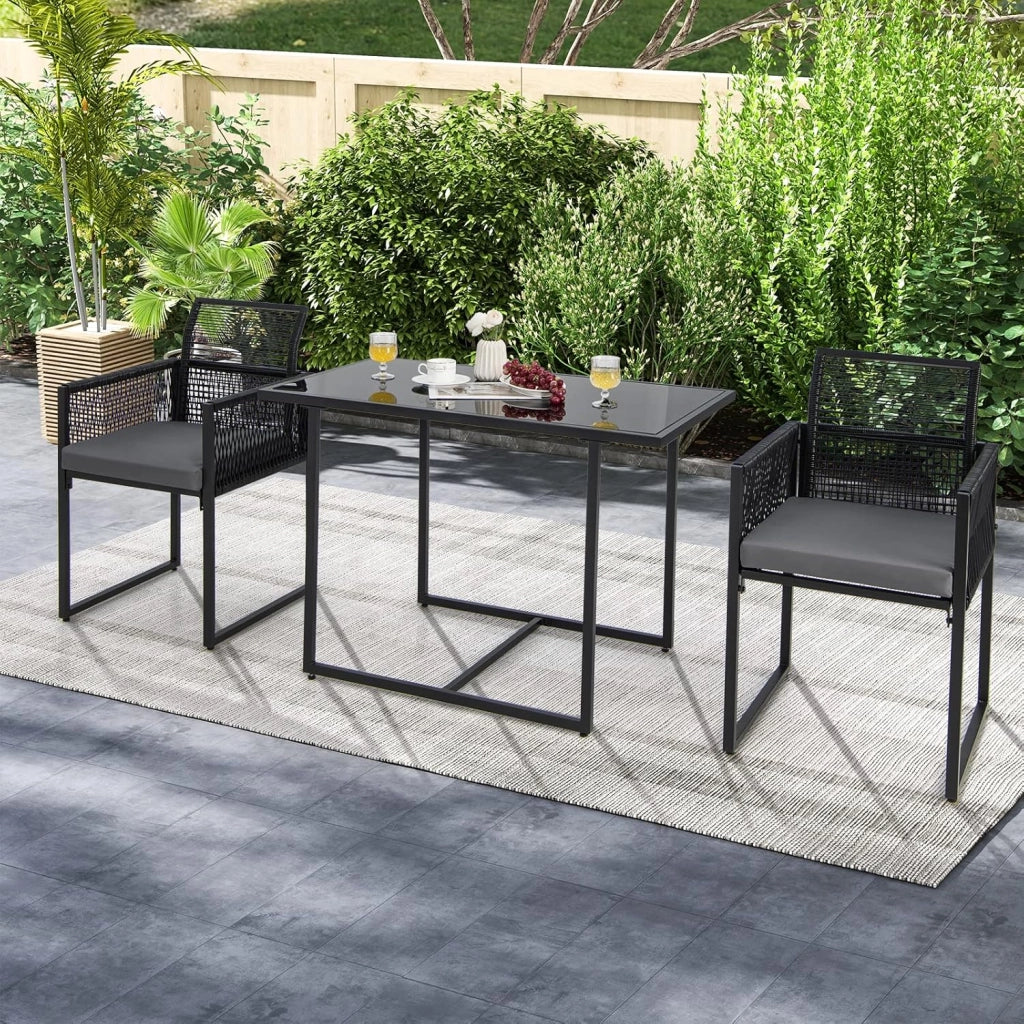Set di 3 Pezzi Pranzo da Giardino, Set di Tavolo e Sedie da Esterno in Rattan PE con Schienali Pieghevoli, Tavolo in Vetro Temperato, per Balcone Giardino