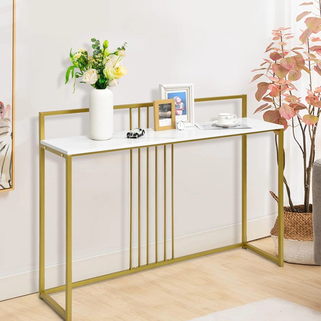 Tavolo Consolle in Marmorizzato Oro, Tavolino da Corridoio Struttura in Metallo, Tavolino da Salotto Design Moderno e Sottile, 120 x 30 x 88 cm (Bianco+Oro)