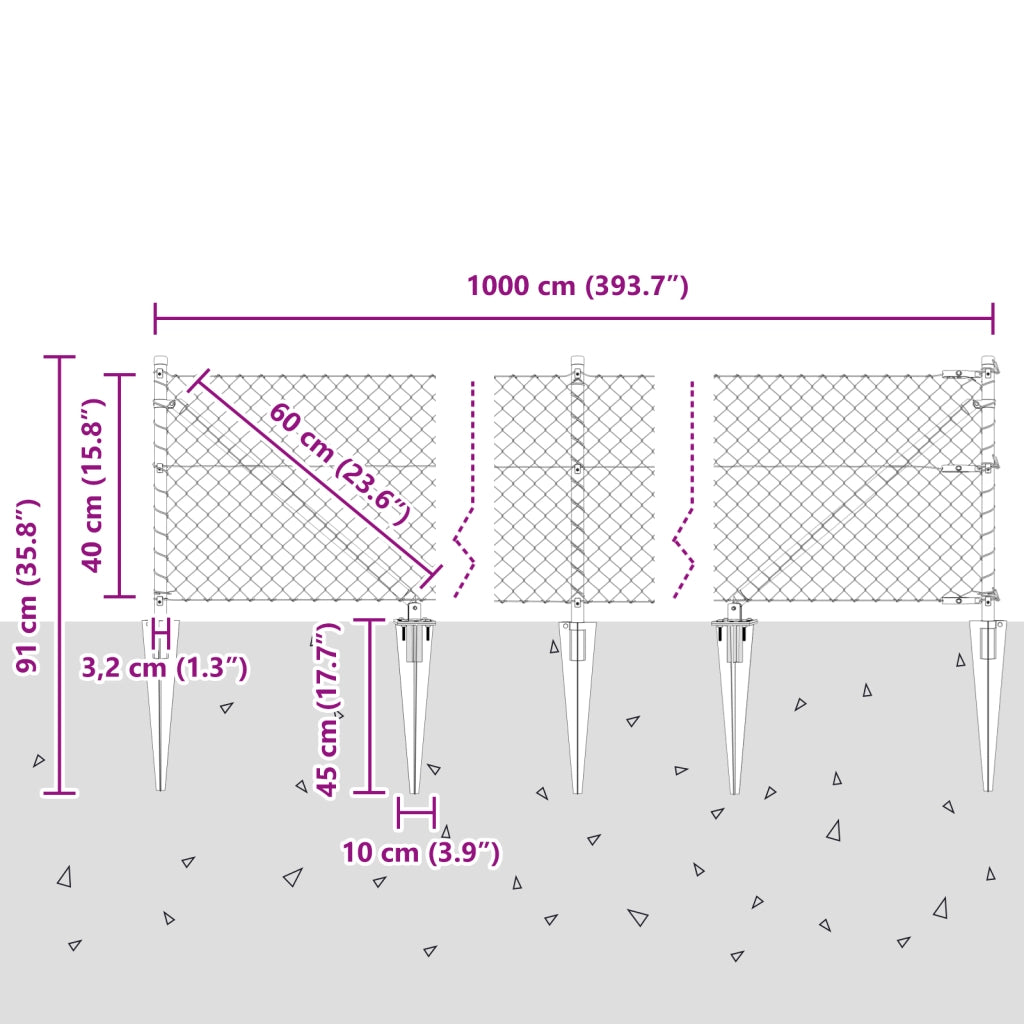 Recinzione in rete metallica con 7 pali a picco 0.4x10 m Acciaio zincato