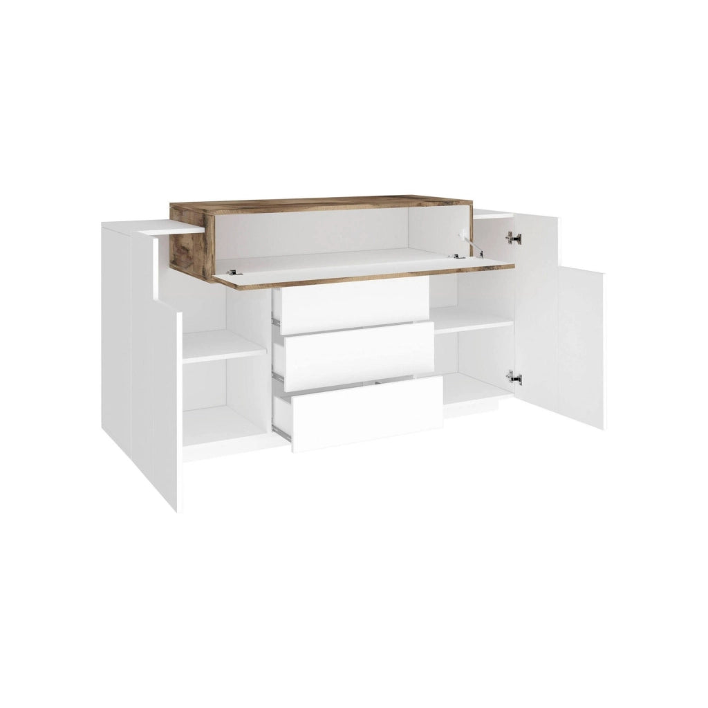 Credenza Arbon, Madia di design a 3 ante, Made in Italy, Mobile Porta TV, Buffet da soggiorno, cm 160x45h86, Bianco lucido e Acero