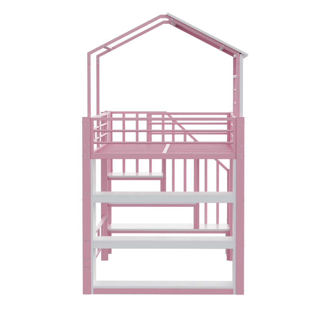 Letto a soppalco 90x200 cm rosa con scala contenitore e scaffale, struttura in metallo e MDF