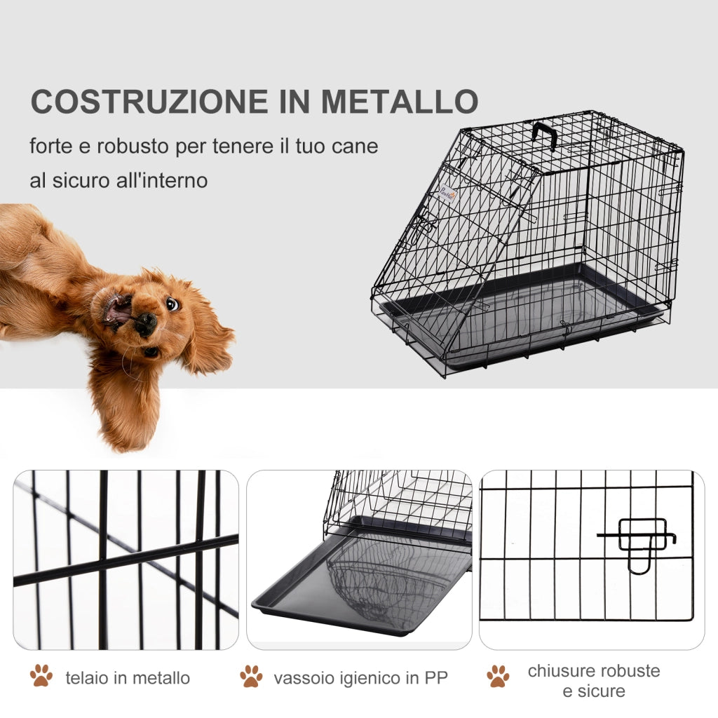 Easycomfort Trasportino per Cani in Metallo e PP, Gabbia per Cani a Trapezio per Auto con Maniglia, 77x47x55cm Nero