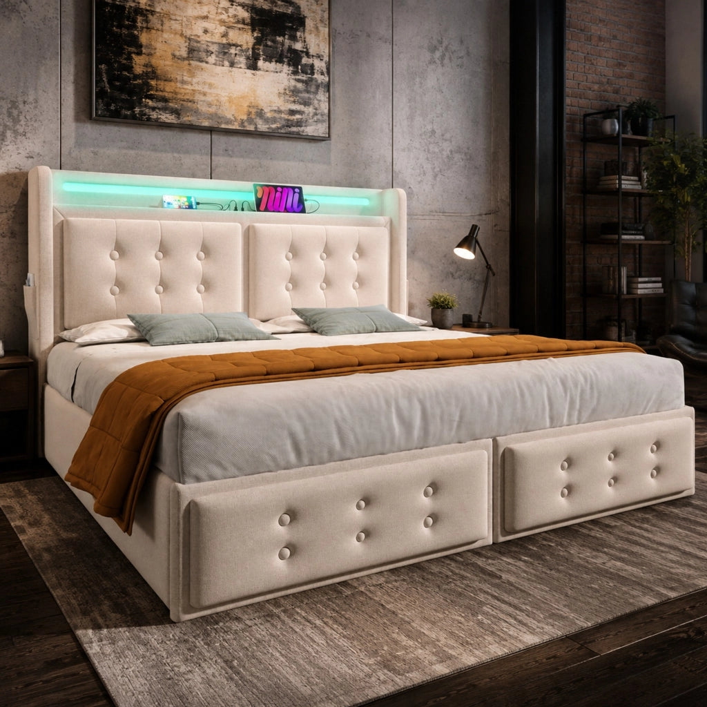 LETTO imbottito 180x200 cm in cotone-lino con LED, USB e 4 cassetti, Beige