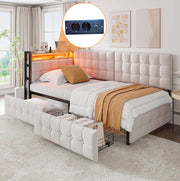 LETTO Imbottito 90 x 200 cm Beige con 2 Cassetti, LED e porte USB/Type-C