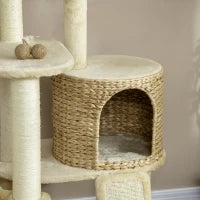 Albero Tiragraffi per Gatti con Casa, Diverse Piattaforme, Amaca, Tappetino per Graffiare, Dispositivo Antiribaltamento, 60 x 60 x 150 cm, Beige
