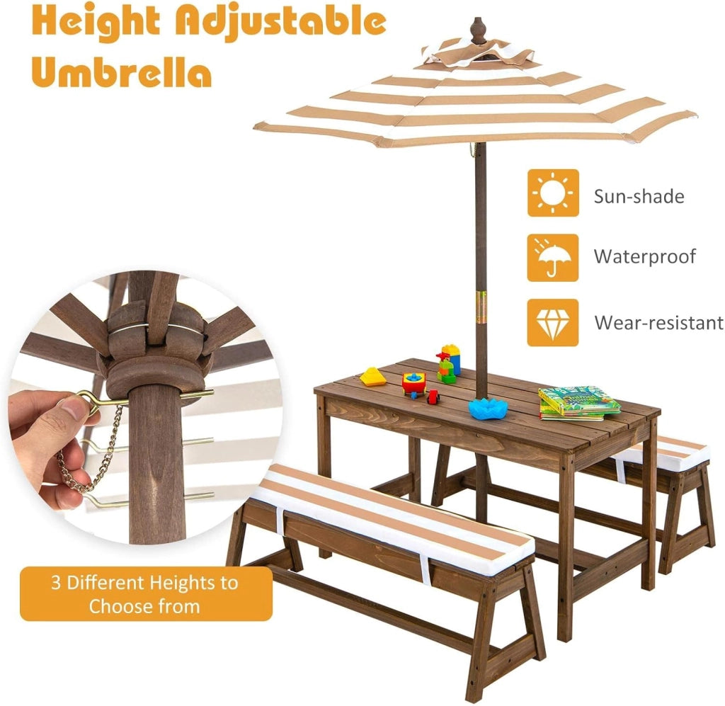 Set di mobili da giardino per bambini con 2 panche e ombrello regolabile, in legno di abete, per bambini, con cuscino, set di mobili per giardino, terrazza, balcone (marrone)