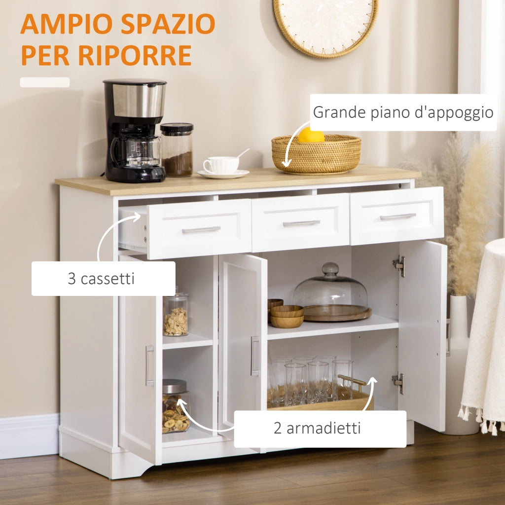 Credenza Moderna a 3 Cassetti e 3 Ante in MDF e Truciolato con Ripiano Regolabile, 101x39x82 cm, Bianco