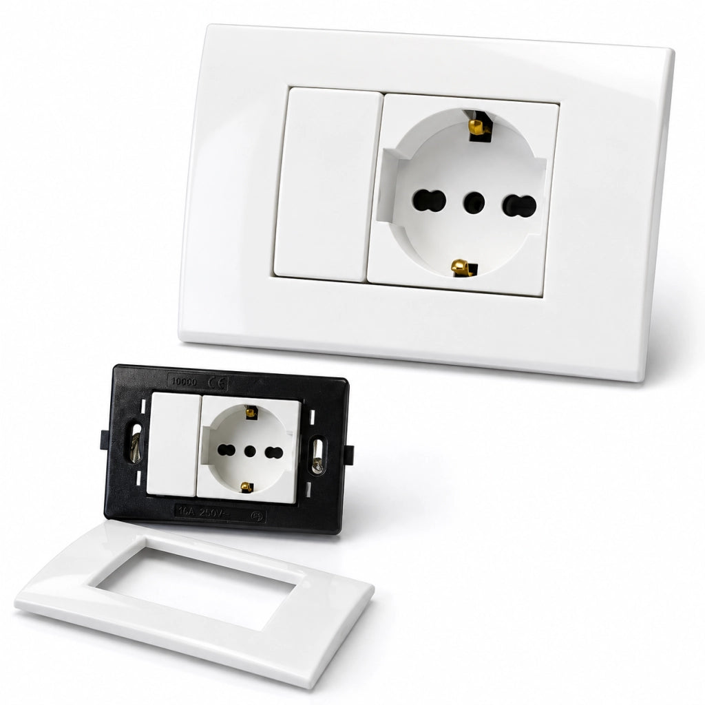 Placca Placchetta 503 Incasso 2 Posti con Interruttore e Presa Schuko