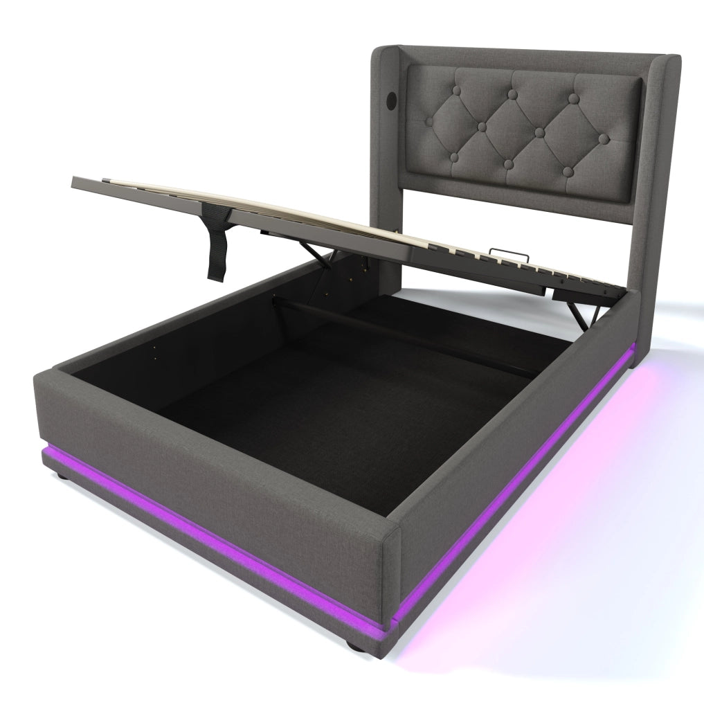 Letto 90x200 cm con contenitore idraulico, LED e USB/USB-C in cotone grigio