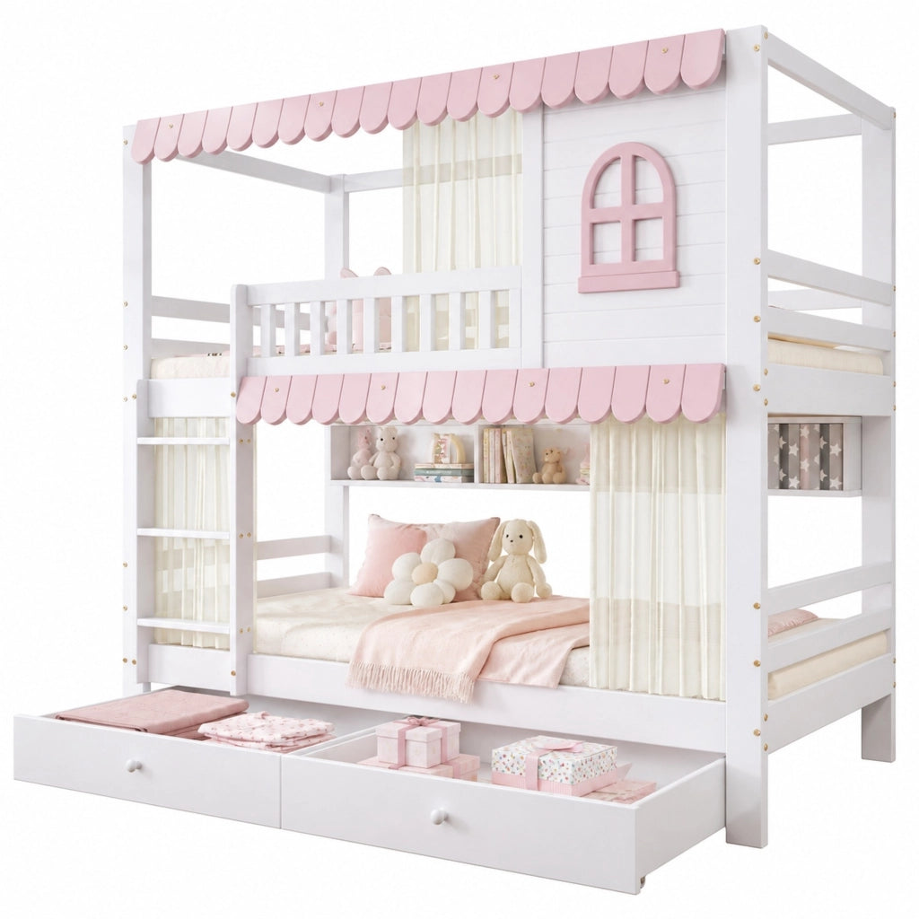 Letto a castello 90x200 cm bianco e rosa con tende, cassetti e ripiani