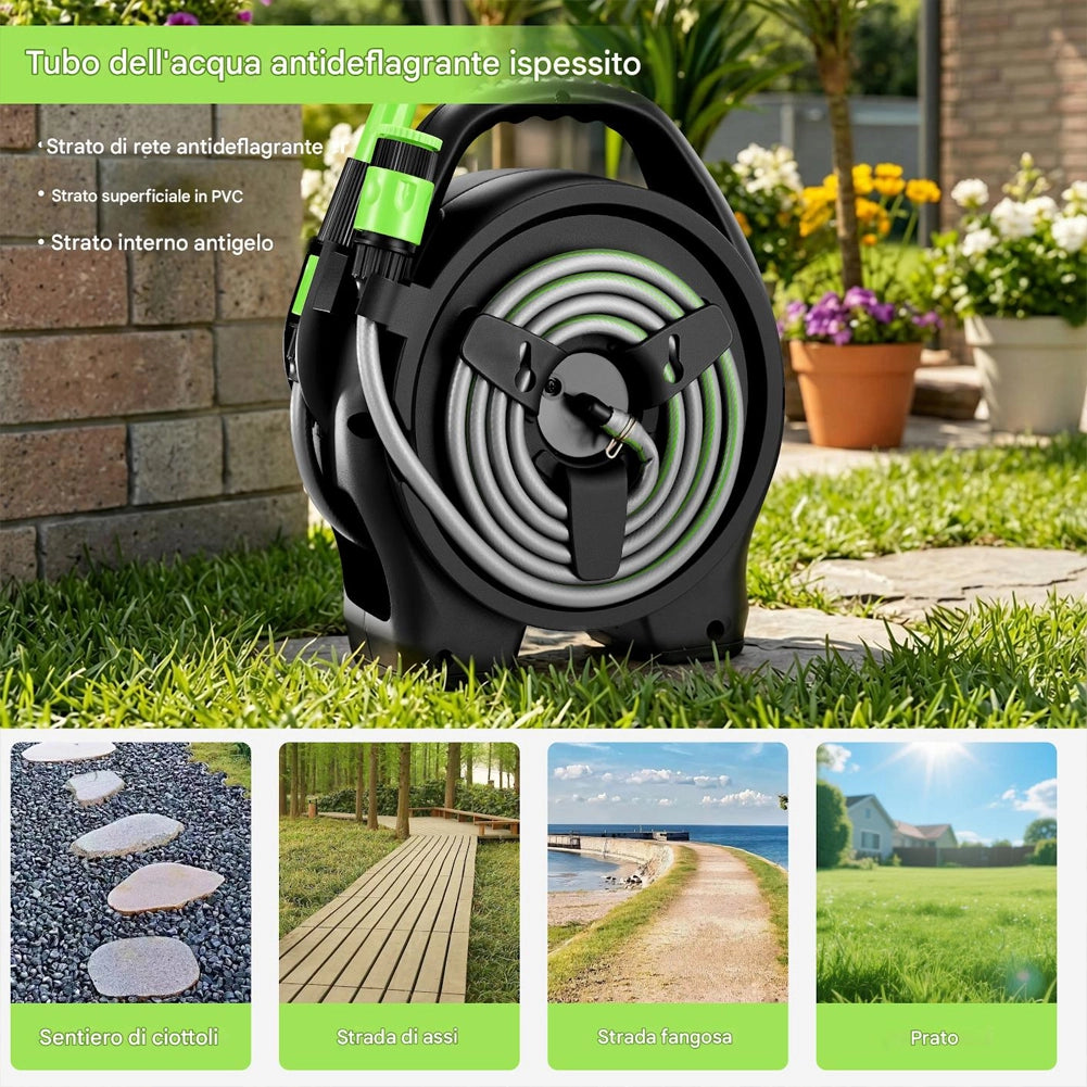 Avvolgitubo da Giardino con Tubo in PVC da 12 Metri e Annaffiatoio 2 Connettori Nero e Verde