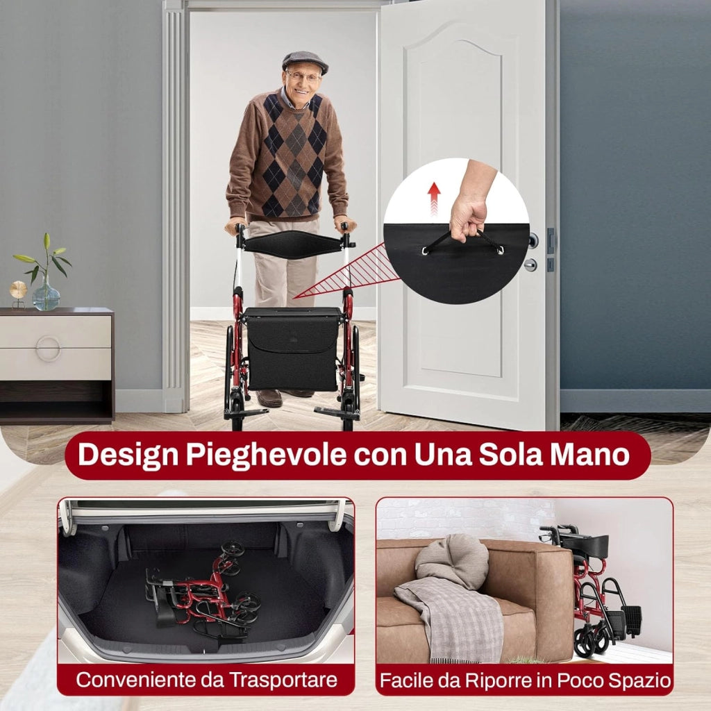 Deambulatore 2 in 1 per Anziani in Alluminio, Rollator Pieghevole e Regolabile in Altezza con Sedia, Schienale Reversibile, Manici Regolabili, Ruote, Poggiapiedi e Borsa Rimovibile (Rosso)