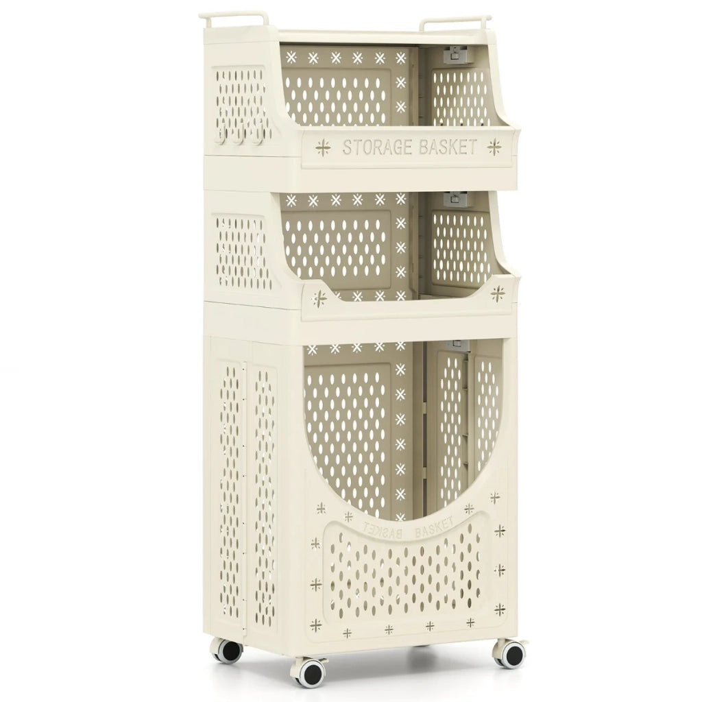 Carrello portabiancheria pieghevole 40 x 30 x 100 cm 4 ripiani con ganci appendiabiti e ruote di design in PP beige 20_0018906
