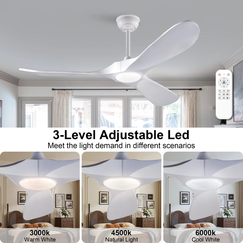 Ventilatore da soffitto 52 pollici con illuminazione e telecomando, 3 pale bianche legno massello, 3CCT dimmerabile, 6 velocit¨¤ silenzioso