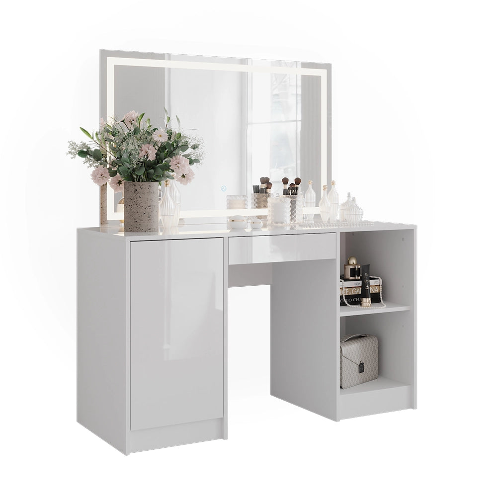 Vicco Tavolo da toeletta Bianco/bianco lucido 128.2 cm con specchio LED