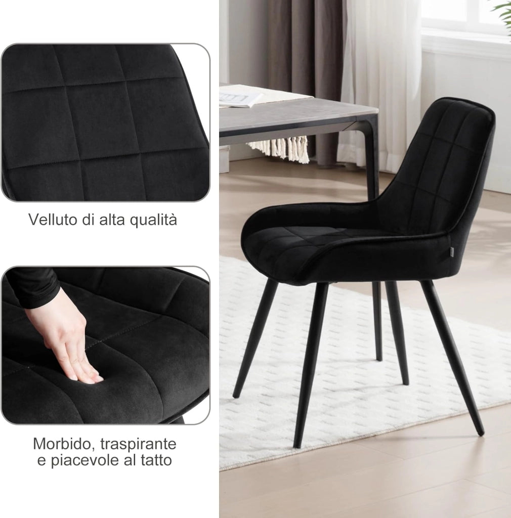 Set di 2 Sedie da Pranzo con Schienale Curvo, Sedie Ergonomiche in Velluto e Metallo, Poltroncina imbottita per Salotto, Ufficio, Camera da Letto, Nero BH331sz-2