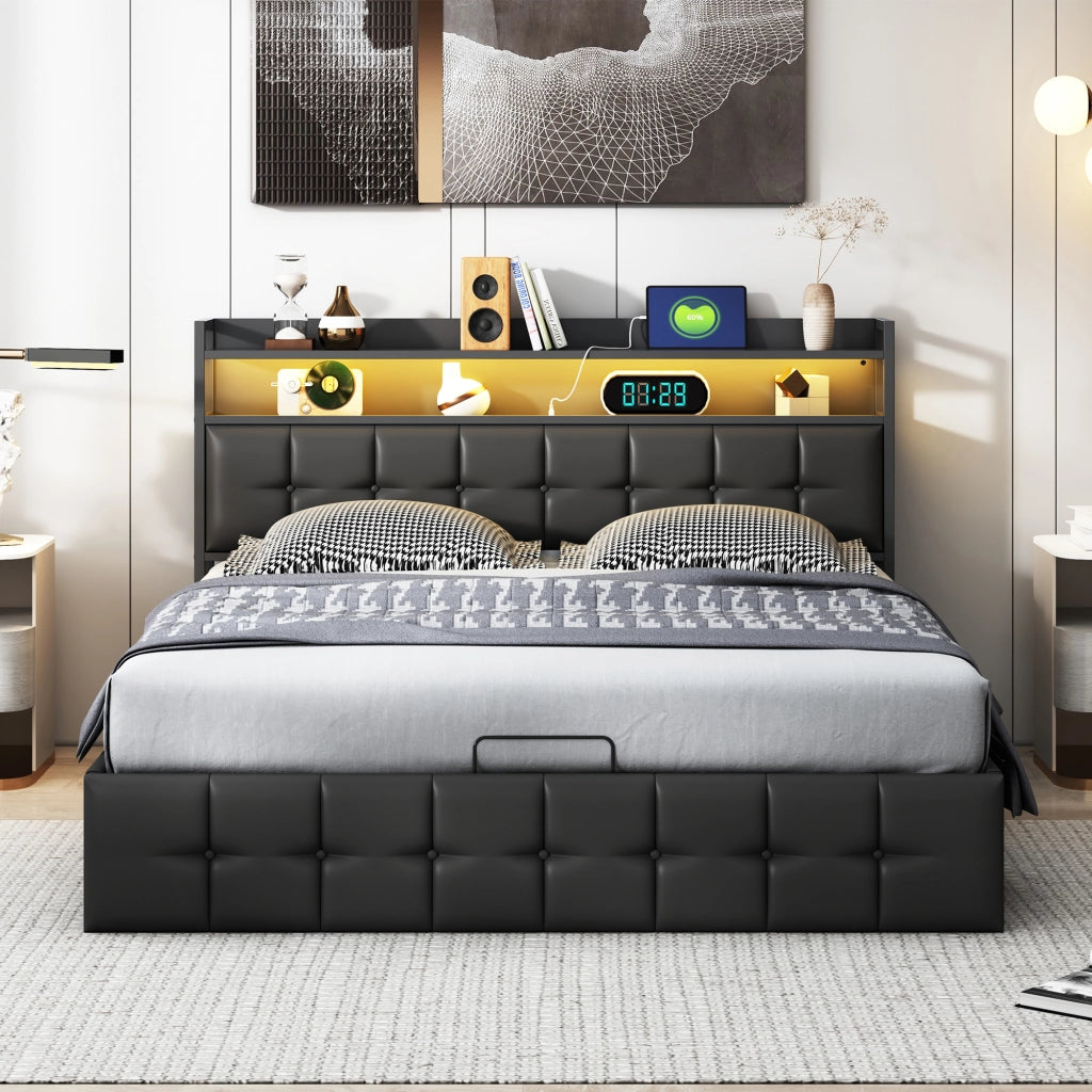 Letto 160x200 cm con ripiani e luci LED in pelle PU nera