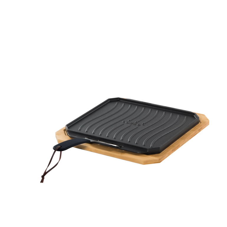 Piastra in ghisa con vassoio in legno, manico rimovibile in acciaio inox con finitura opaca 30 x 30 cm Cozze by Ezooza