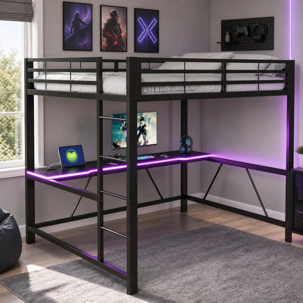 Letto a soppalco 160 × 200 cm con scrivania, luci LED, USB e barriera di sicurezza, senza materasso, nero