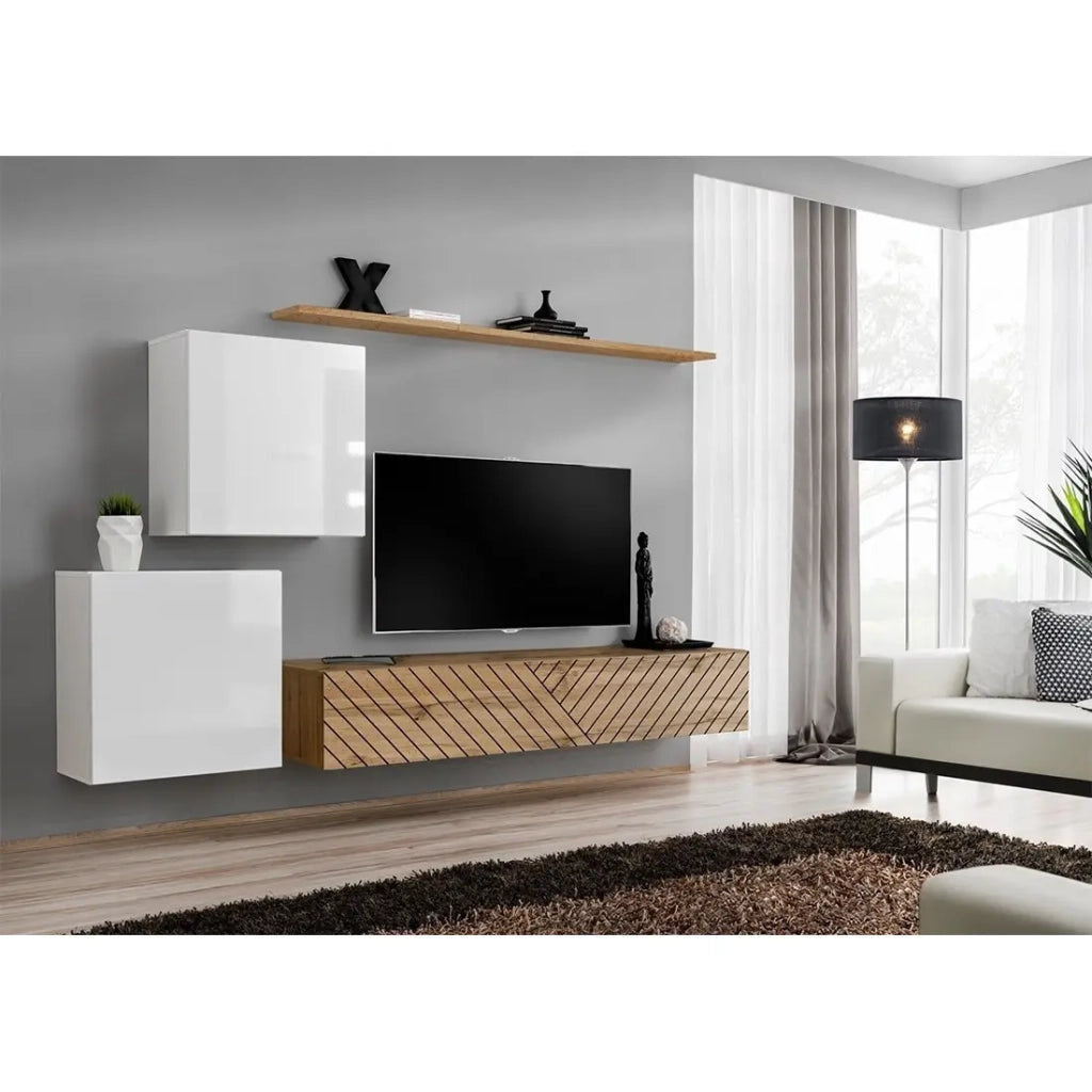 Set di mobili da soggiorno design SWITCH V, colori bianco e rovere. Finiture in bianco lucido e rovere fresato.
