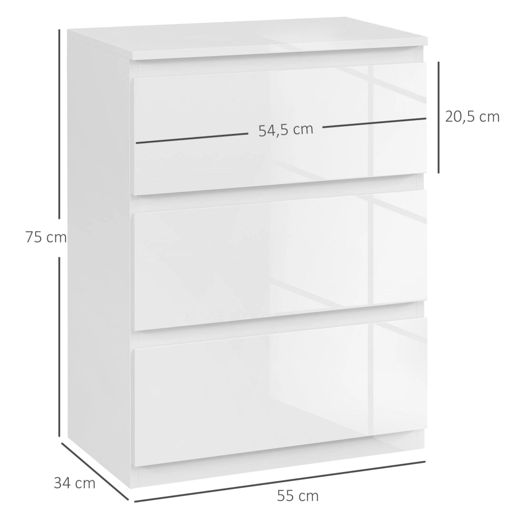 Comodino con 3 Cassetti Moderno ¨C zephmum ¨C Bianco Lucido 55x34x75 cm