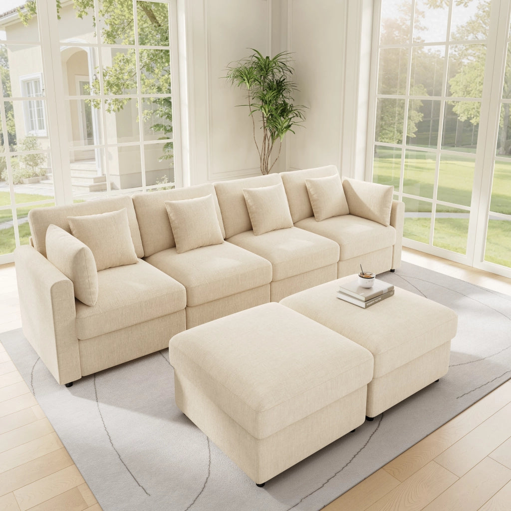 Divano angolare modulare 4 posti con braccioli regolabili e 2 pouf in ciniglia beige