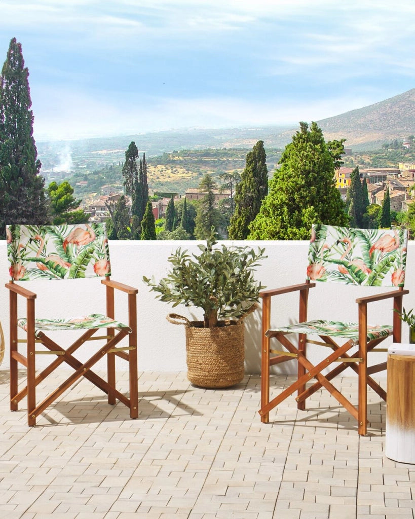 Set di 2 sedie da regista da giardino in marrone scuro d'acacia con tessuto di ricambio in tessuto acacia fenicottero bianco sporco