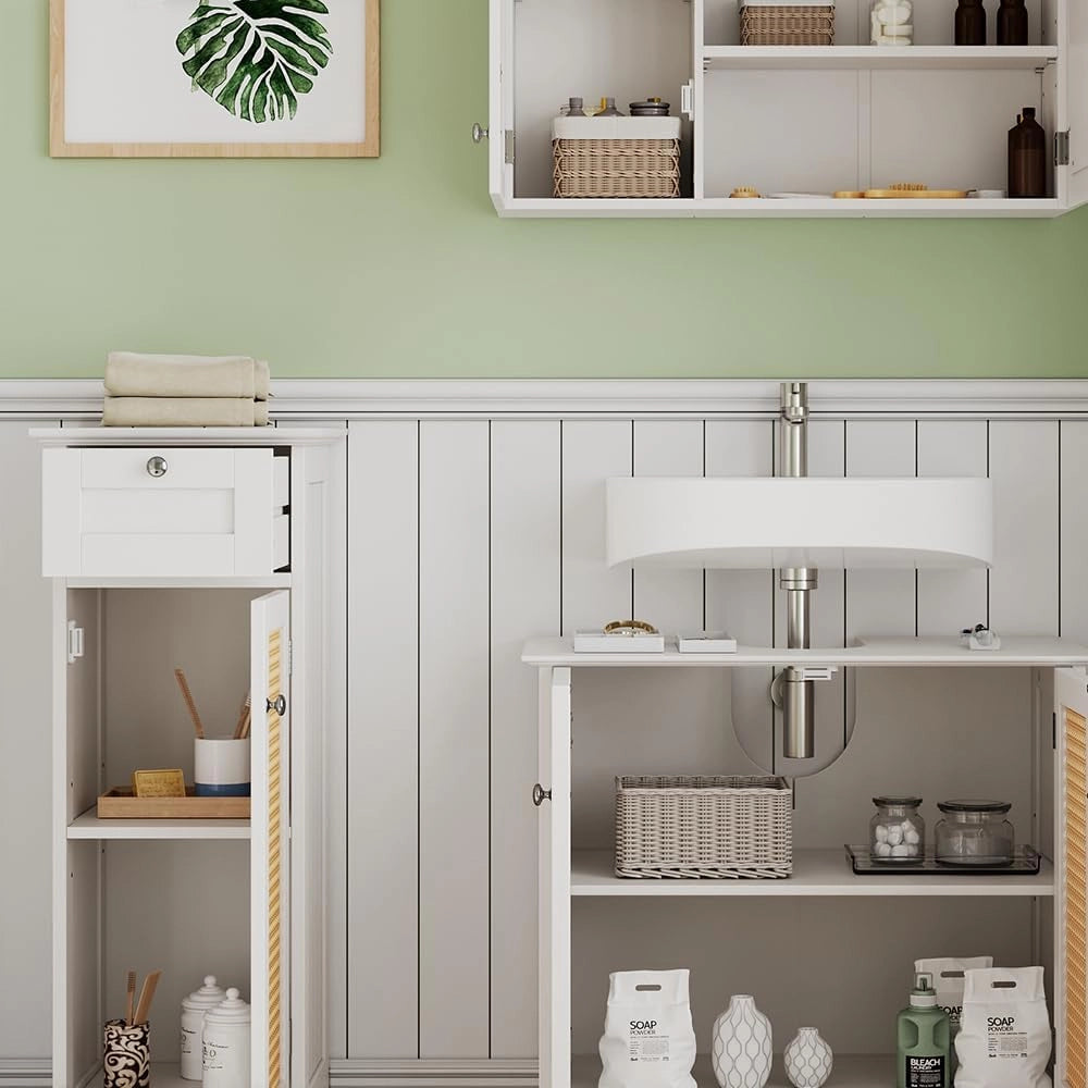 Set di mobili da bagno Rosario, Bianco, 60 cm, composto da mobile sottolavabo, specchiera e mobile medio