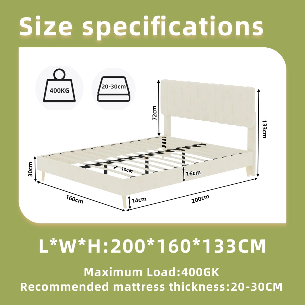 Letto matrimoniale imbottito 160x200 cm in tessuto effetto velluto; beige