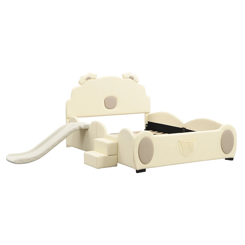 Letto per bambini 140x200 cm in PU e MDF con scivolo e scala, colore beige, design a orsetto