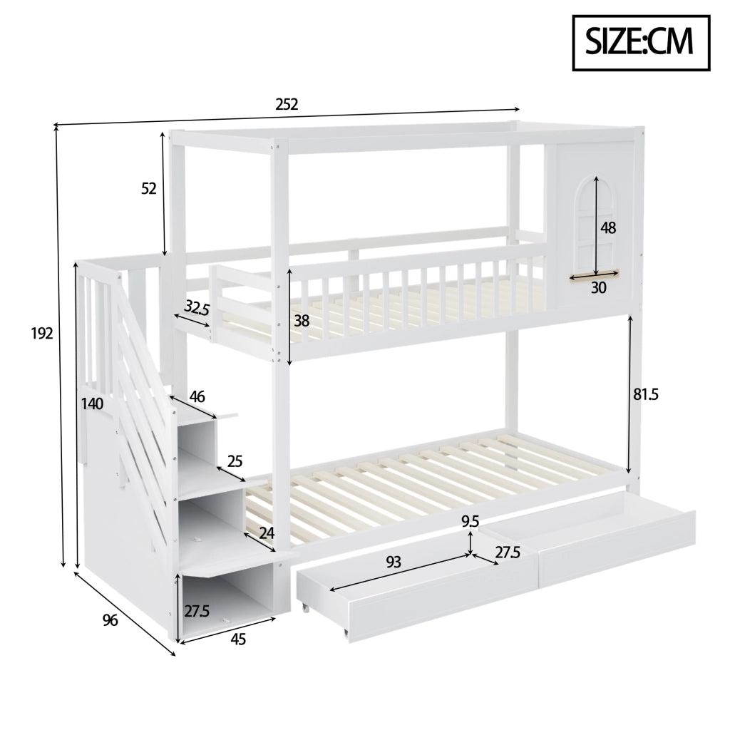 Letto a Castello 90x200 cm; Letto 2 Posti - Scala con cassetti e Ganci - Legno - Bianco