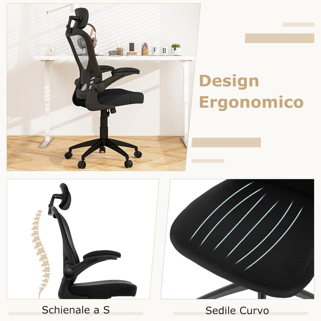 Sedia da Ufficio Ergonomica in Rete, Sedia Direzionale con Altezza Regolabile, Braccioli Ribaltabili, Poggiatesta e Supporto Lombare Regolabili, Sedia Girevole per Studio Casa, Portata 135 kg