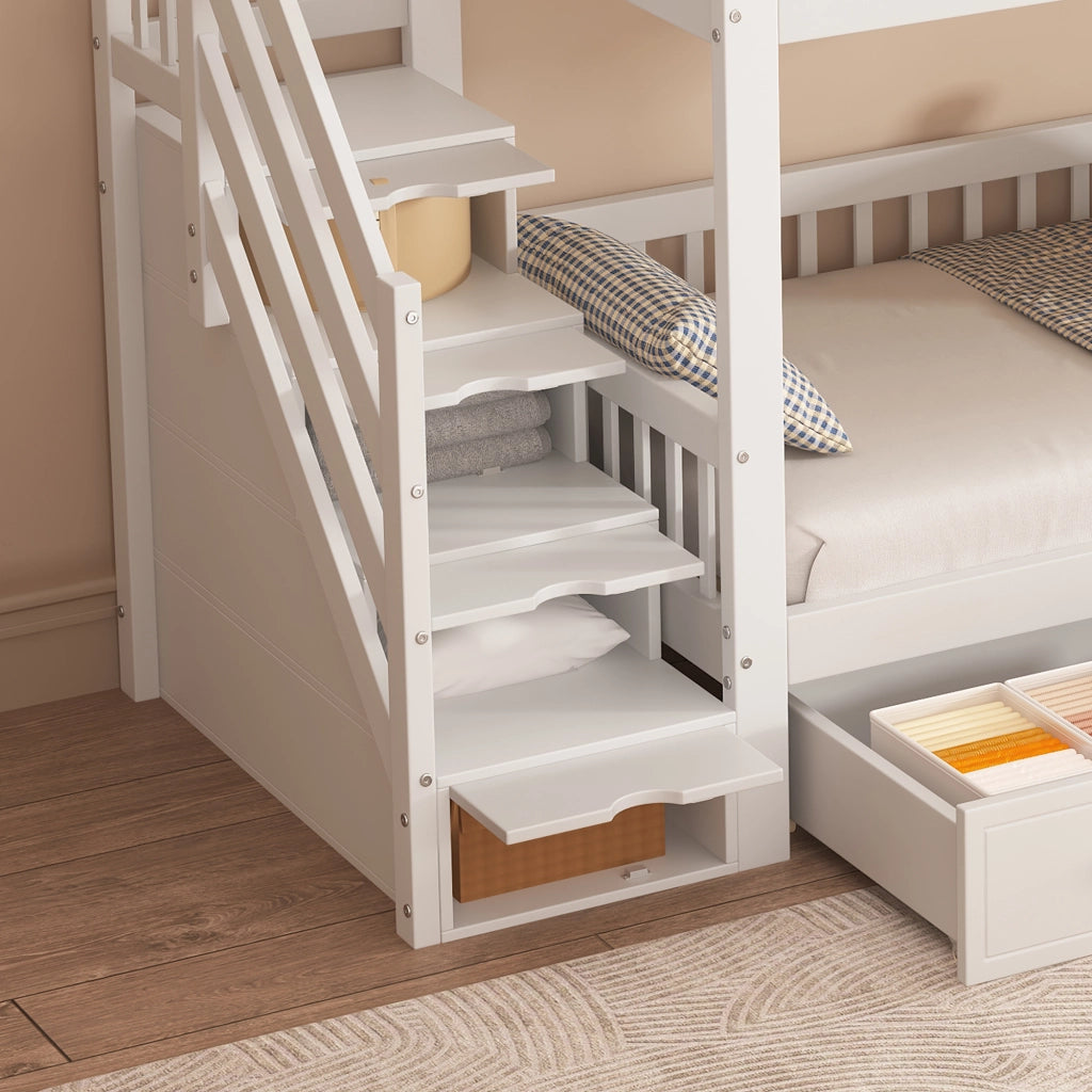 Letto a Castello 90x200 cm; Letto 2 Posti - Finestre; 2 Cassetti; Scala - in Legno Massello e MDF - Bianco e Naturale
