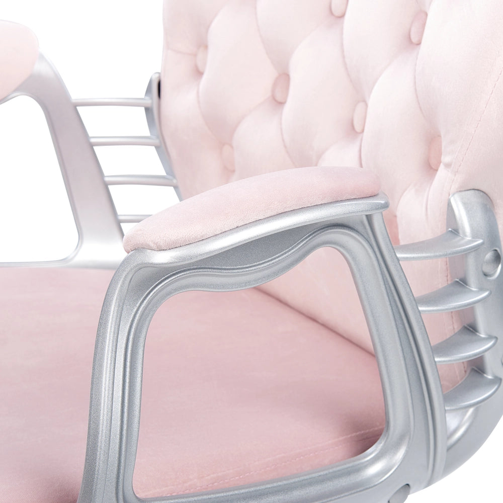 Sedia da ufficio in velluto rosa con altezza regolabile e schienale trapuntato stile retrò moderno