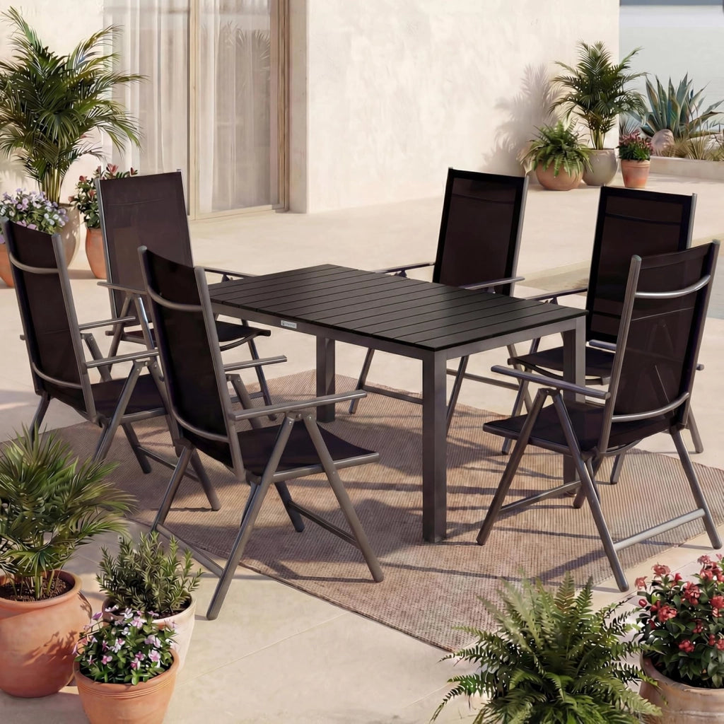 Tavolo e Sedie da Giardino Alluminio 6 +1 Tavolo WPC 140x80 cm Mobili Esterno Grigio