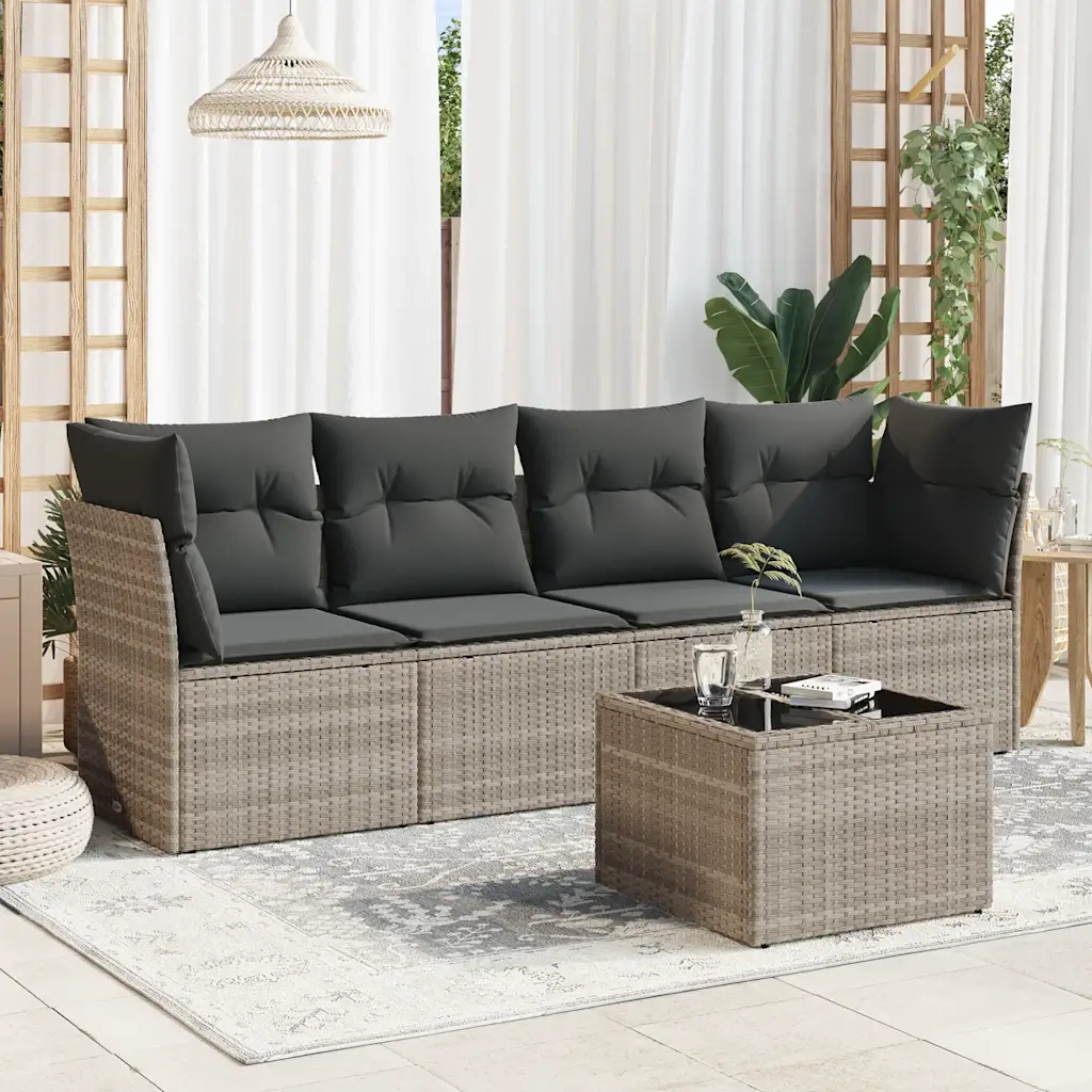 Set Divano da Giardino 5pz | Set Salotto da Giardino con Cuscini Grigio Chiaro Polyrattan