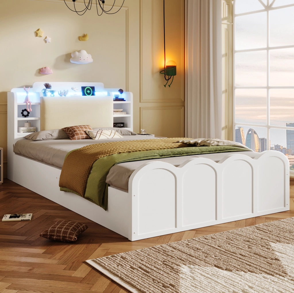 Letto singolo contenitore 90x200 cm in legno di pino bianco con LED; USB e USB-C