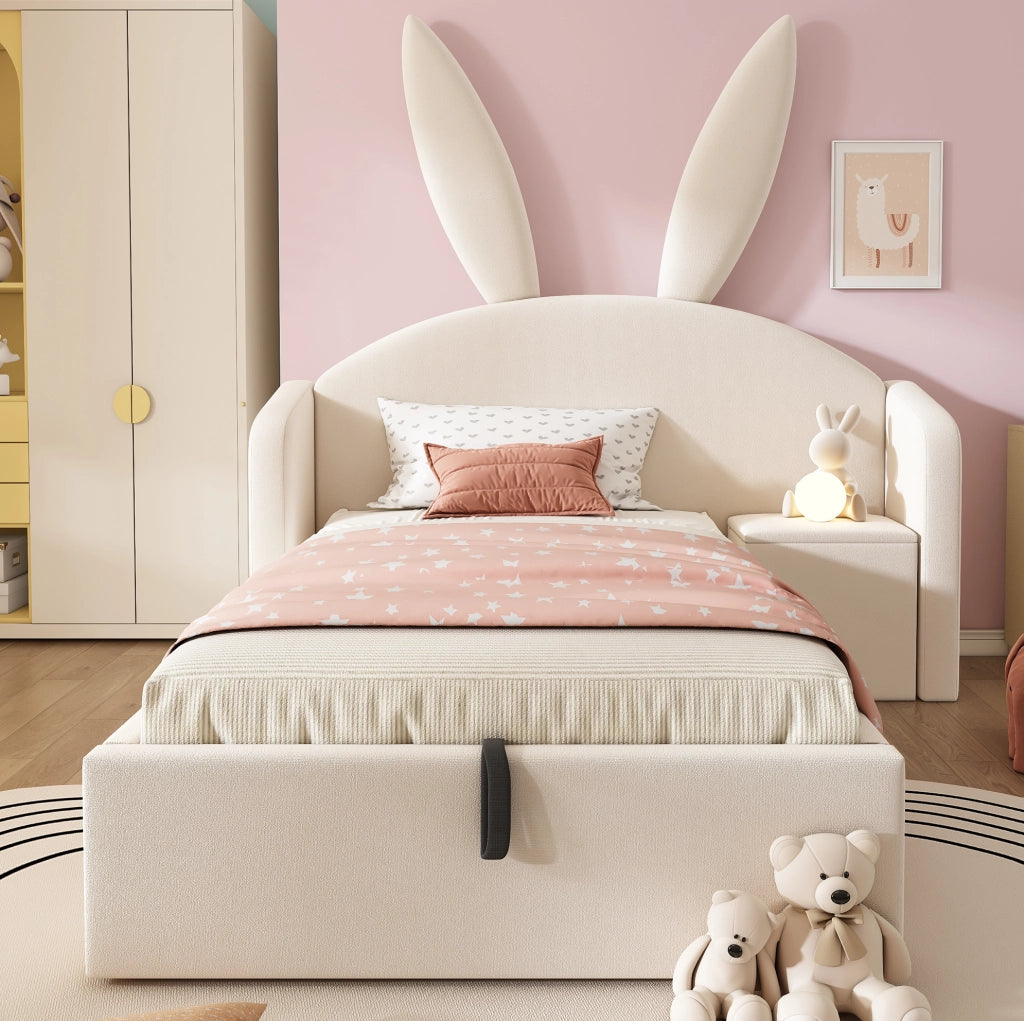 Letto singolo 90x200 cm con contenitore; comodino reversibile; velluto beige
