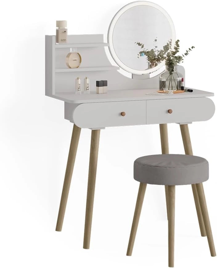 Vicco Tavolo da toeletta Edda, Bianco, 80 cm con illuminazione LED e sgabello, con specchio LED rotondo e sgabello coordinato