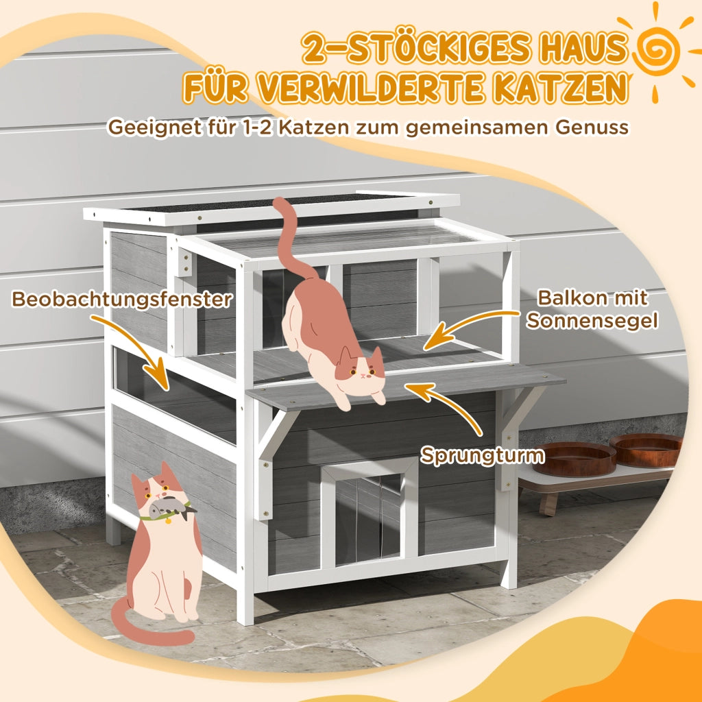 Casetta per Gatti a 2 Piani con Balcone ¨C Xylo ¨C Impermeabile Grigio Chiaro