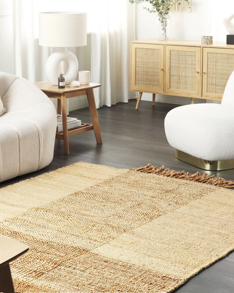 Tappeto in juta beige 140 x 200 cm con nappe motivo geometrico intrecciato a mano stile bohémien per soggiorno camera da letto