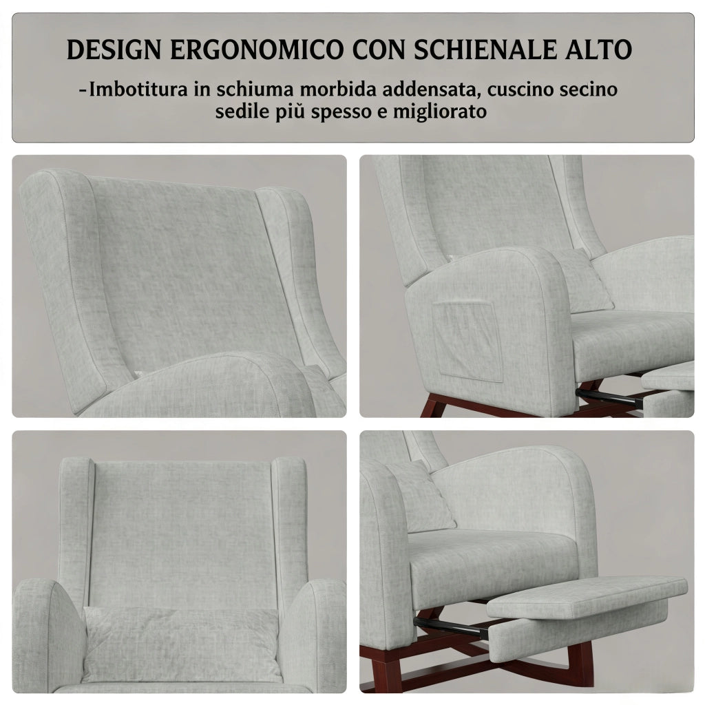 Poltrona relax a dondolo 67x64x99 cm con poggiapiedi; sedia a dondolo da interno per allattamento struttura in legno e velluto opaco; grigio