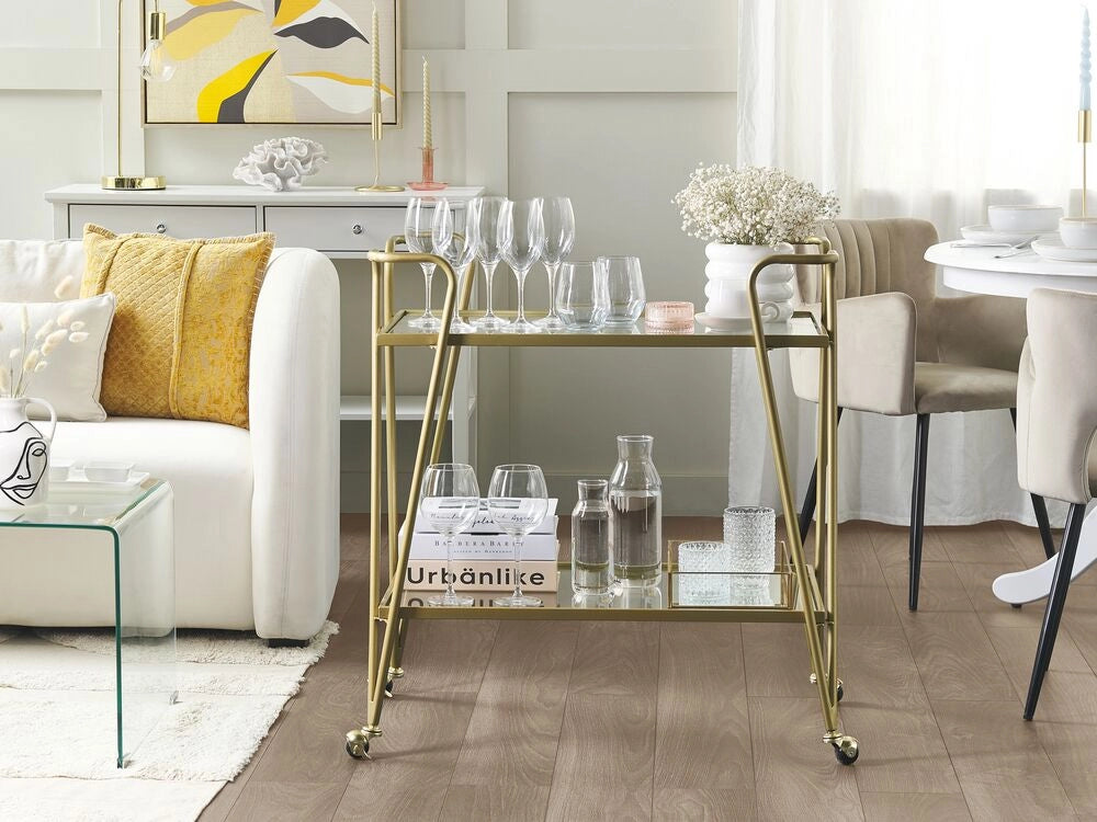 Carrello da Cucina Metallo dorato Vetro 75 x 45 cm Ruote Glamour Portaoggetti Aperto Due Piani Soggiorno
