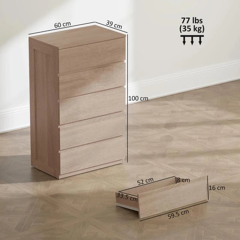CASSETTIERA 5 CASSETTI IN LEGNO CON GUIDE IN METALLO E MANIGLIE SCANALATE, 60X39X100 CM, COLOR FAGGIO