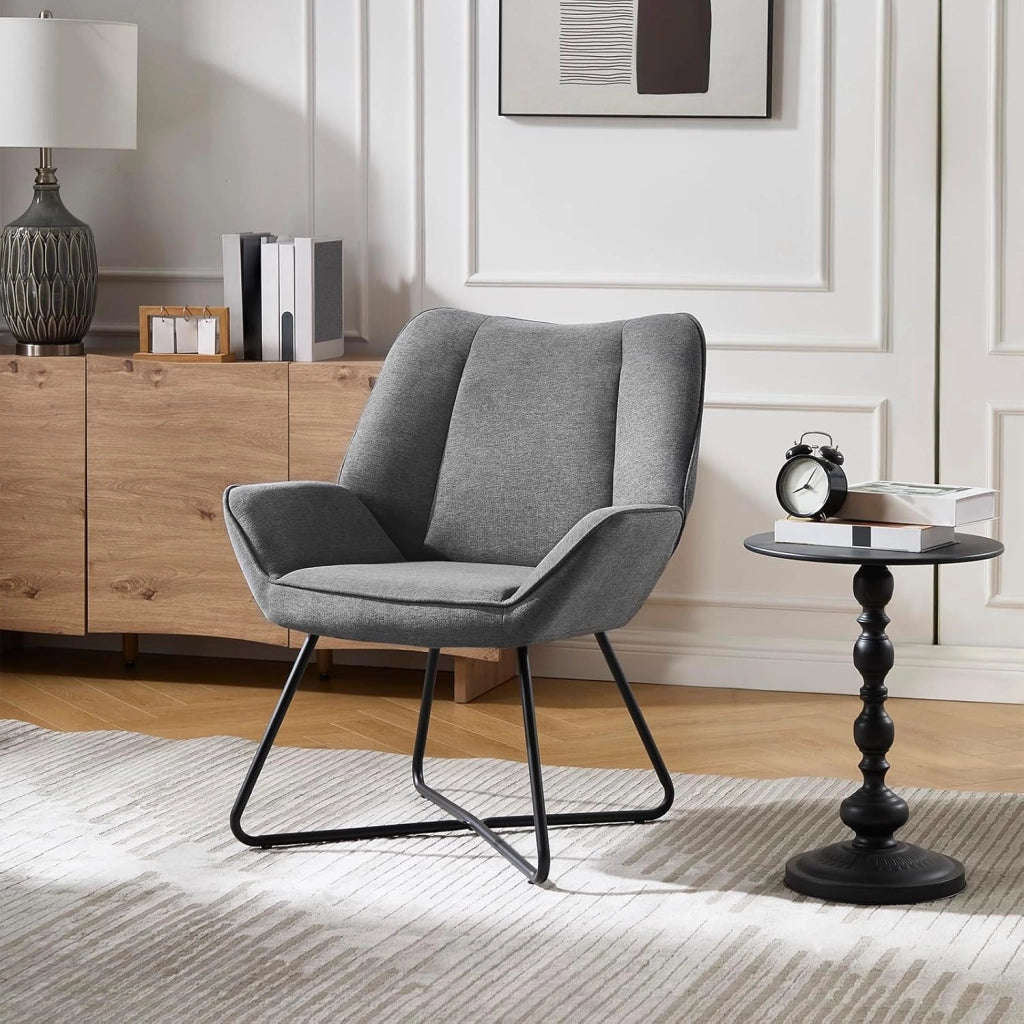 Poltroncina Camera da Letto, Poltrone Salotto, in Lino, con Gambe in Metallo, Portata 150 kg, Grigio Scuro