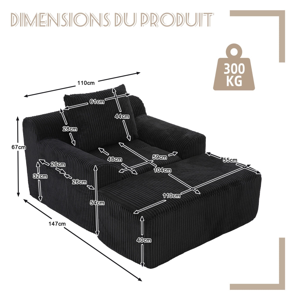Poltrona Oversize con Poggiapiedi e Tasche Laterali; Seduta Profonda; Poltrona Imbottita in Velluto a Coste Nero