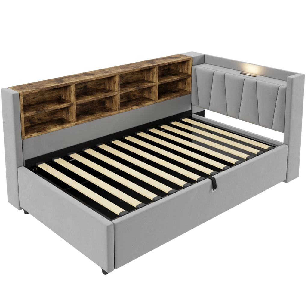 Letto imbottito singolo 90×200 cm con contenitore; luce notturna; USB; Type-C e ripiani; senza materasso; velluto; grigio