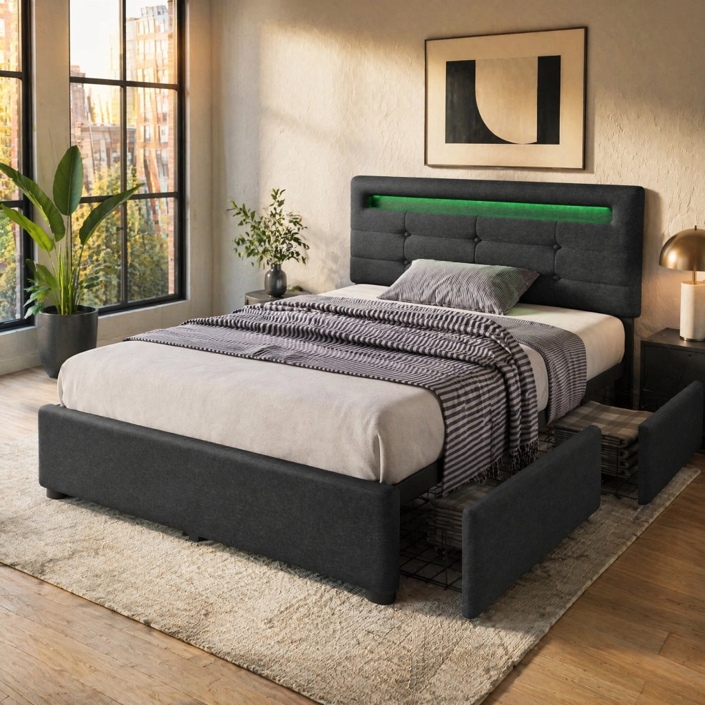 LETTO Singolo 90x200 cm in Lino Grigio con LED e 2 Cassetti